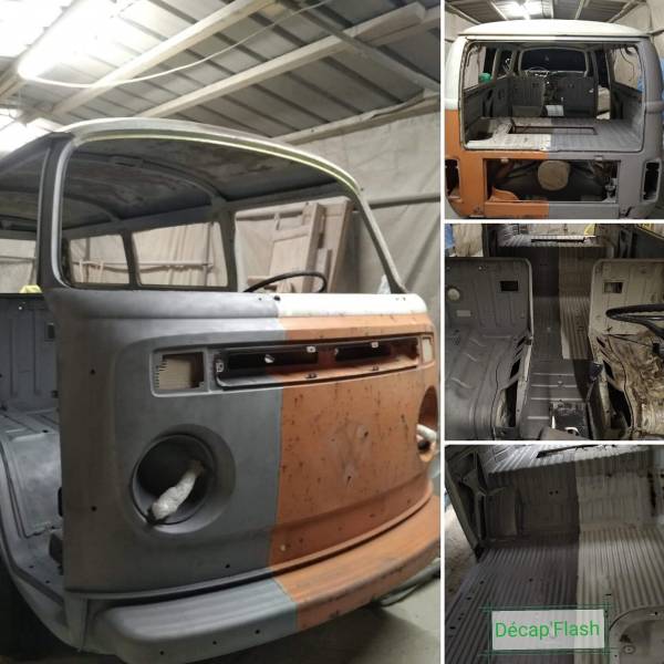 Décapage d'un combi vw en cours