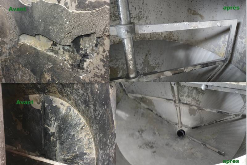 Décapage industriel et nettoyage d'un malaxeur d'une centrale à béton située à Rouen en Seine-Maritime en Normandie avec le procédé de décapage par hydrogommage à base de bicarbonate de sodium